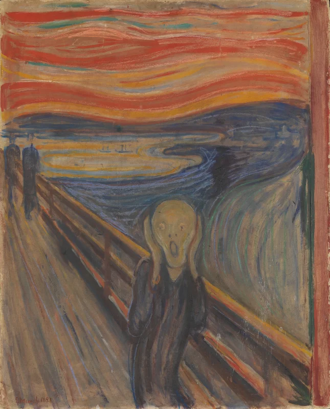 Edvard Munch, Krik – motiv, ki ga ročno naslikamo na platno: figura na mostu si tišči obraz, nad fjordom oranžno-rdeče progasto nebo, v ozadju levo dve postavi.