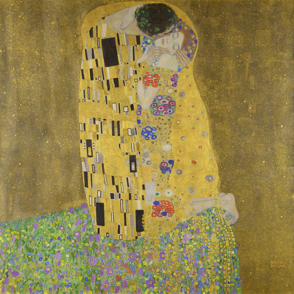 Gustav Klimt – Poljub | oljna slika na platnu Gustav Klimt – Poljub – par v zlatem objemu, zlatisti in cvetlični vzorci, umetniška slika na platnu, reprodukcija