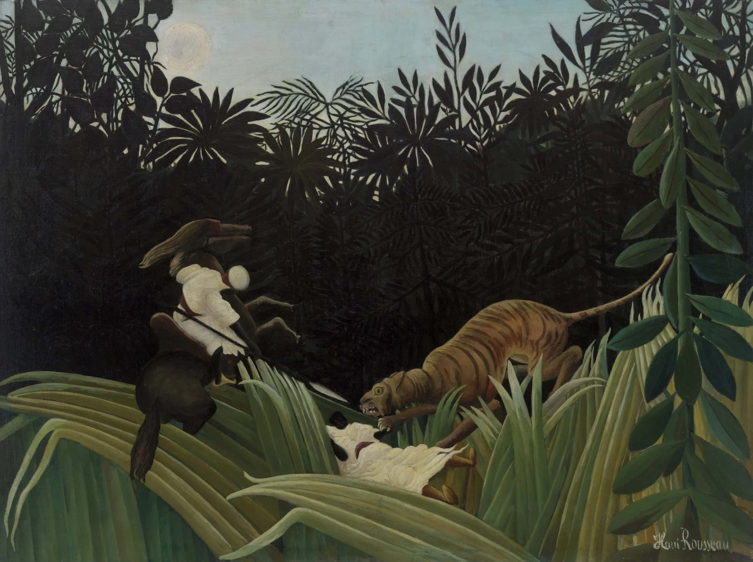 Henri Rousseau – Tiger napade izvidnike | ročno naslikana reprodukcija Henri Rousseau, Tiger napade izvidnike, 1904 – tiger skoči na izvidnika v beli uniformi, konj se vzpenja, bleda luna nad črnimi palmami, stenska slika